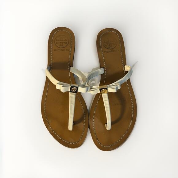 Tory Burch Women’s White Bow Logo Thong Sandals Leather Flip Flops Size 41 - Picture 1 of 7